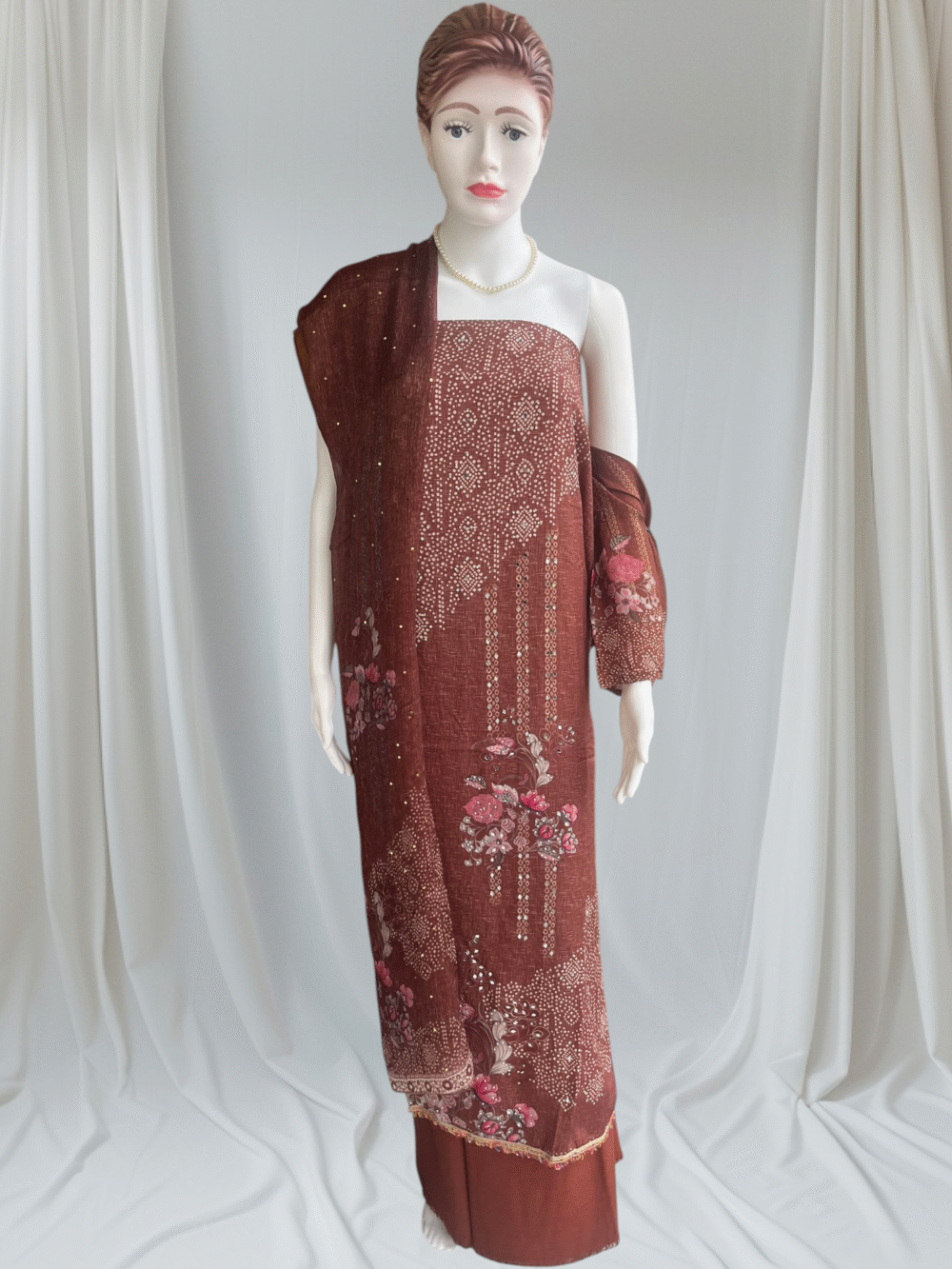 Brick Red Pure Muslin Printed & Embellished Dress Material Set