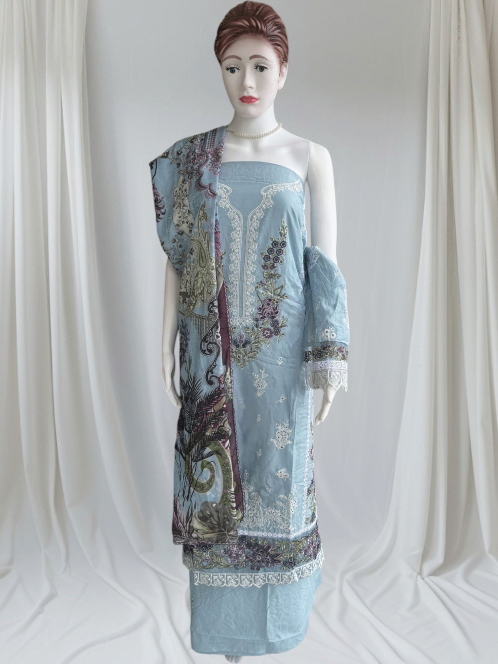 Serene Blue Pure Cotton Embroidered Dress Material Set