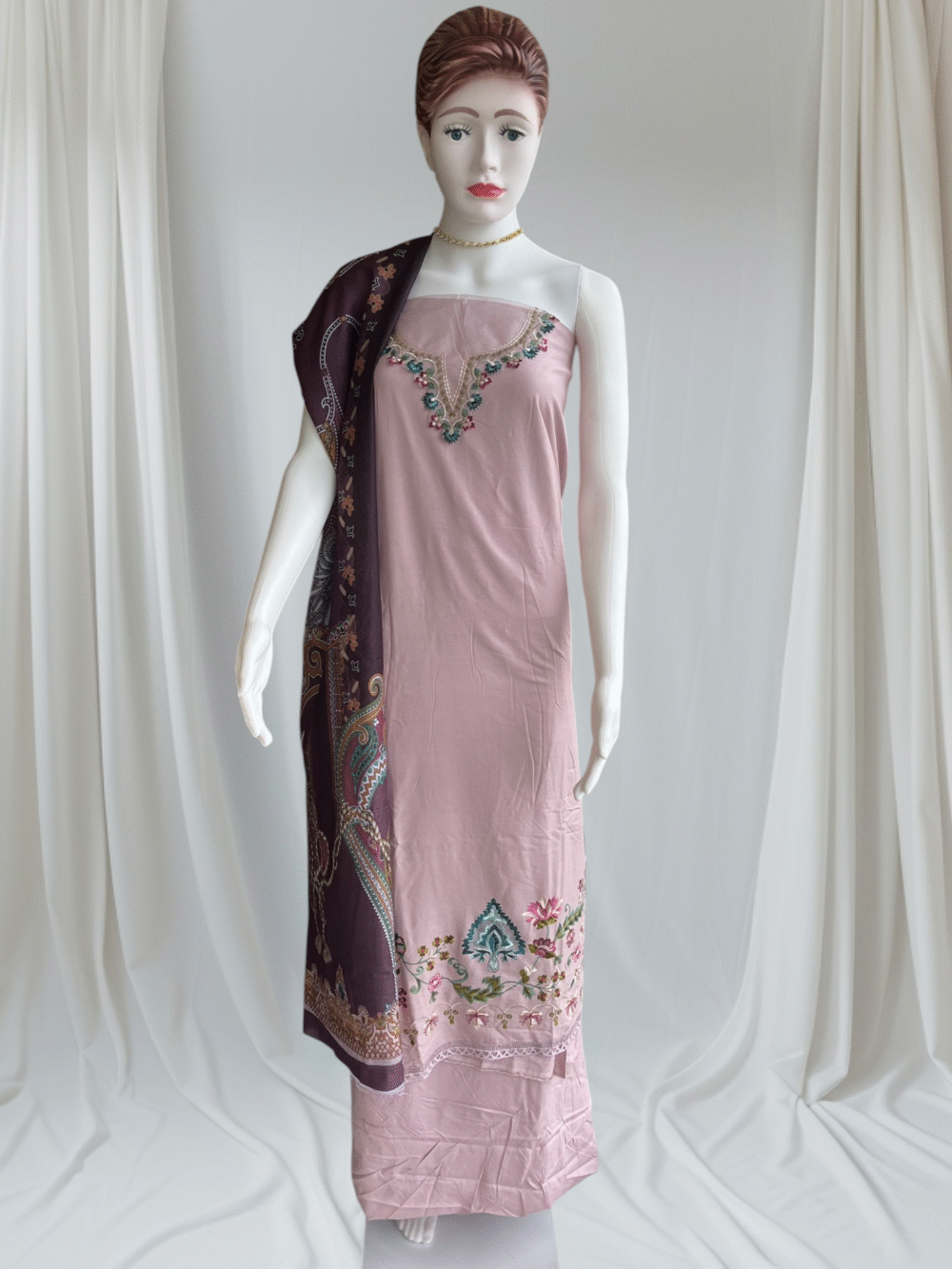 Dusty Pink German Rayon Embroidered Pakistani Dress Material with Printed Dupatta