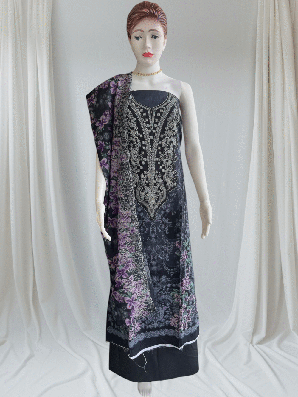 Charcoal Black Lawn Cotton Embroidered & Floral Printed Dress Material Set