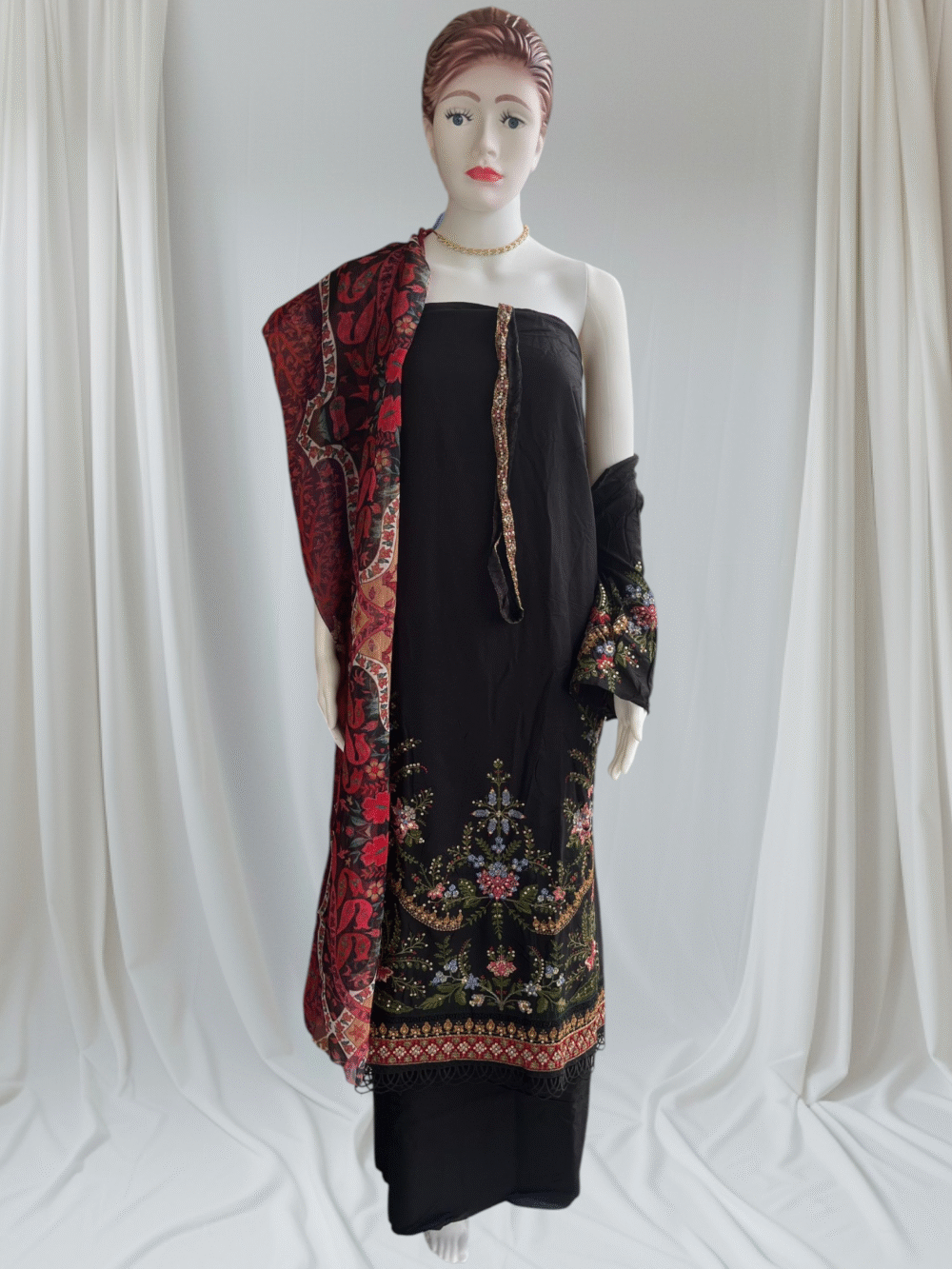 Black Premium Rayon Embroidered Dress Material Set with Chiffon Dupatta