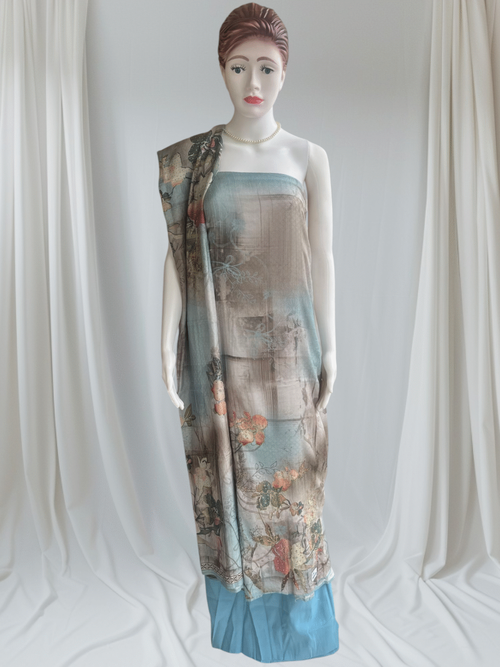 Blue-Grey Pure Muslin & Cotton Dress Material Set with Printed Pure Muslin Dupatta