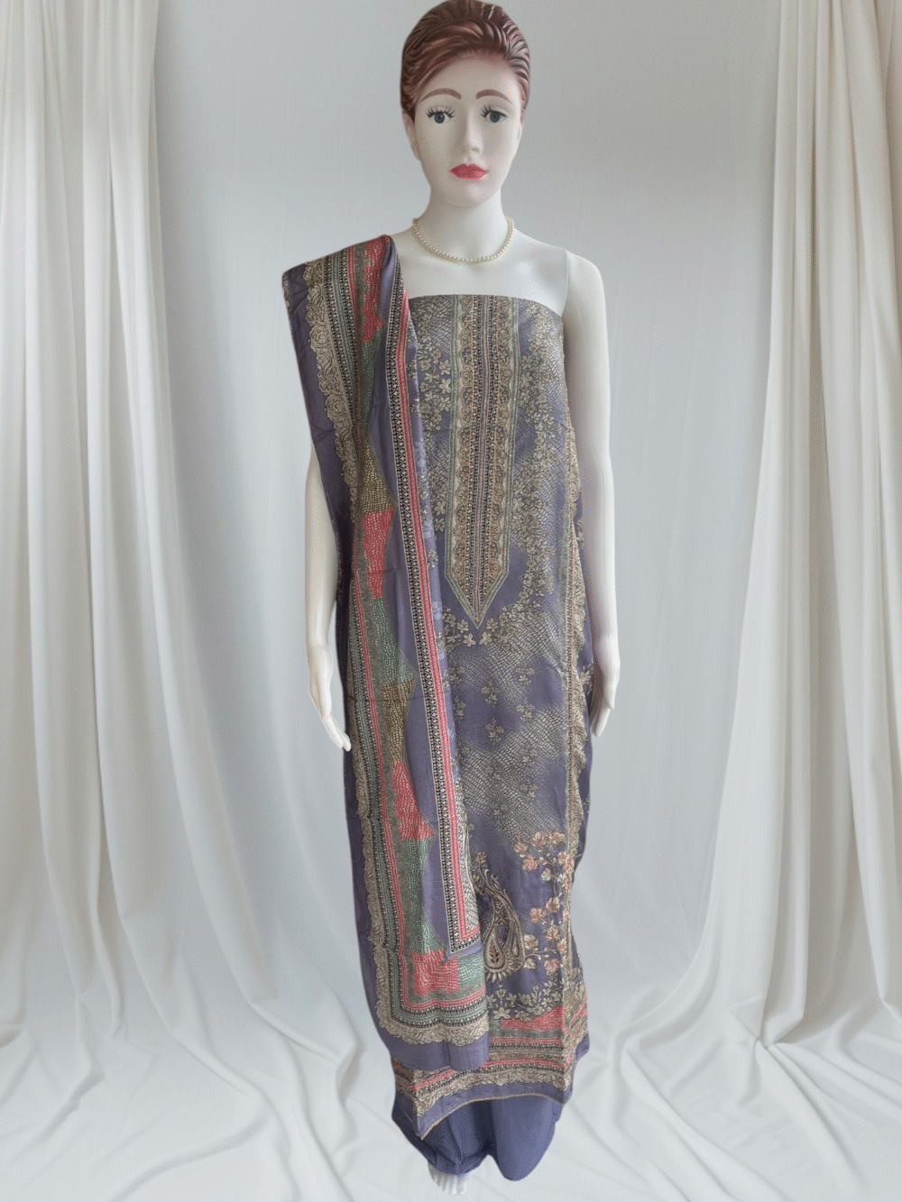 Deep Plum Pure Muslin Printed & Handwork Dress Material Set