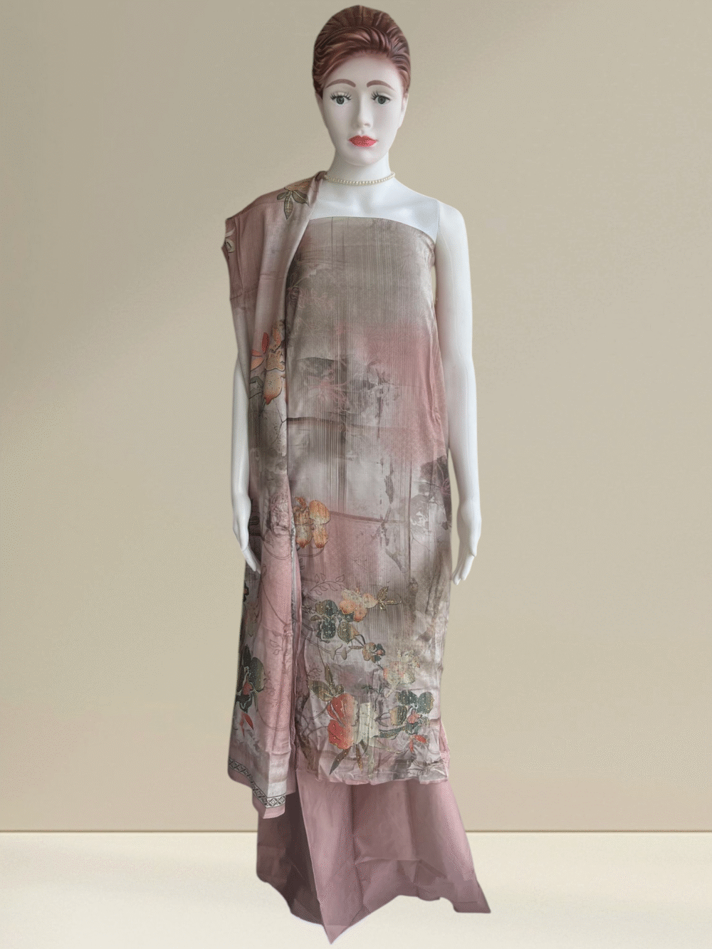 Blush Pink & Light Beige Pure Muslin and Cotton Dress Material Set with Printed Pure Muslin Dupatta