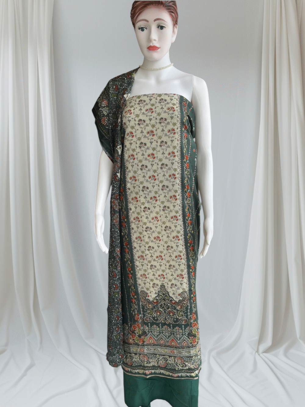 Teal Green & Ivory Pure Cotton Embroidered Dress Material Set
