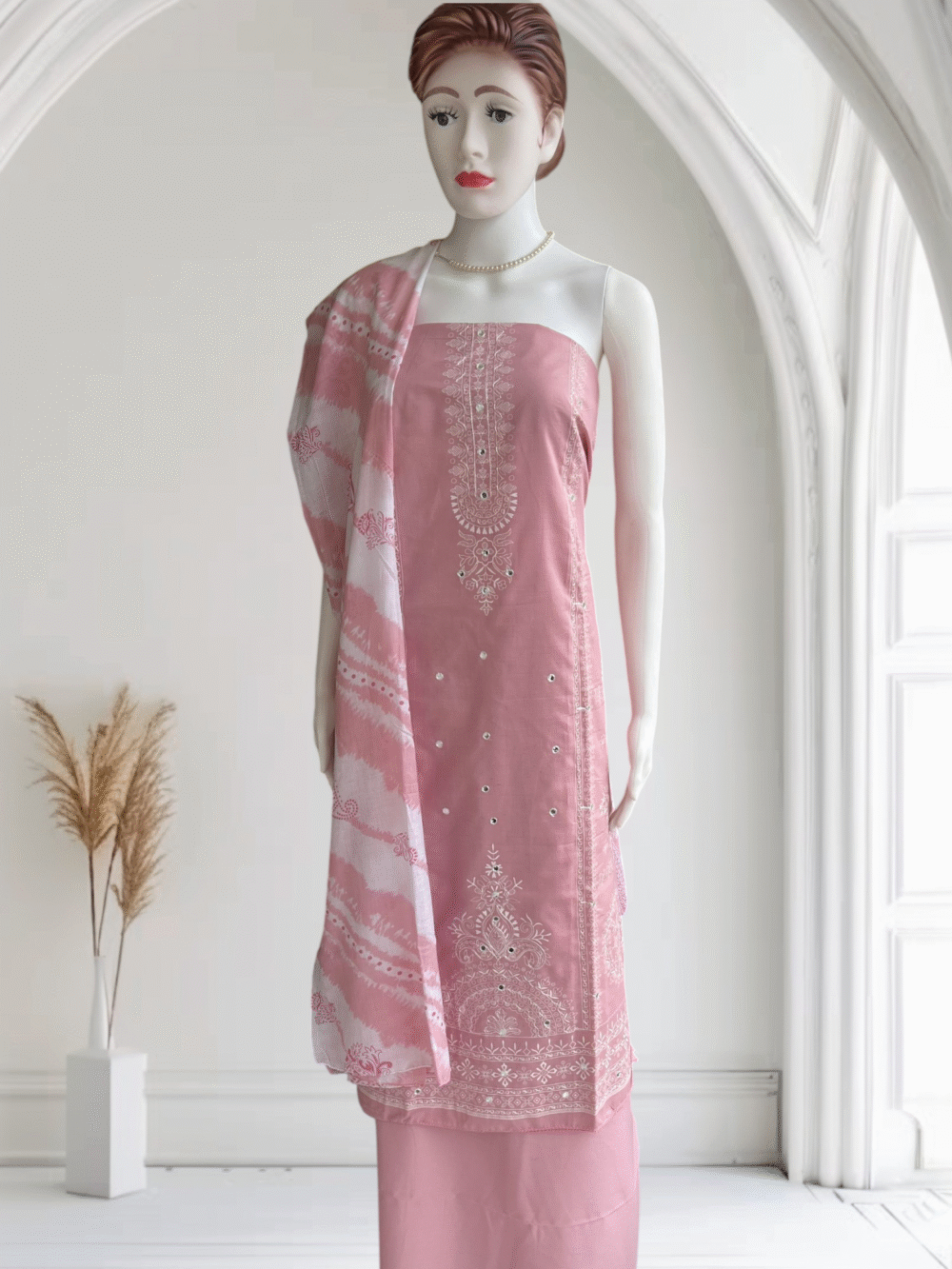 Blush Pink Pure Cotton Embroidered Dress Material Set