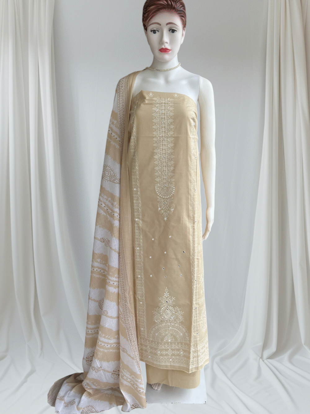 Beige Pure Cotton Embroidered Dress Material Set