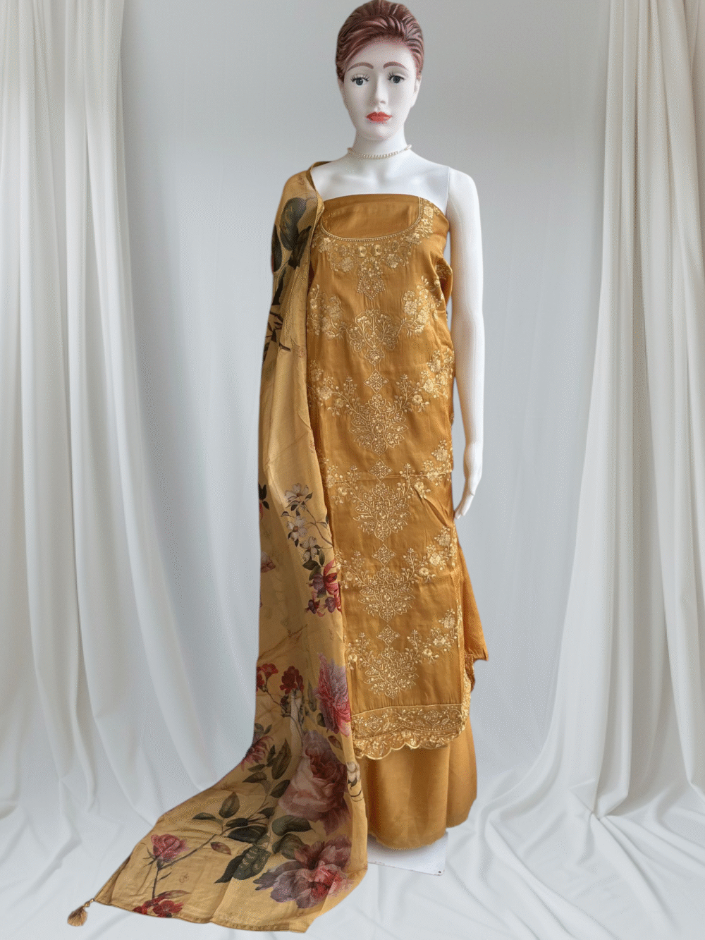 Mustard Premium Tussar Silk Embroidered Dress Material Set with Digital Floral Dupatta