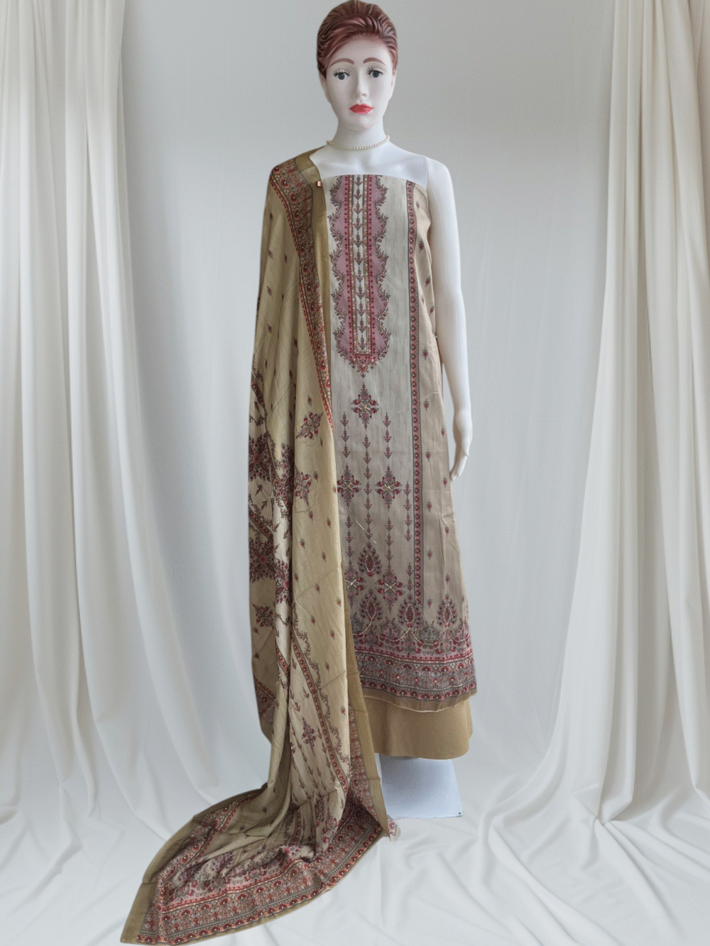Beige & Mauve Pure Satin Kashmiri Print & Handwork Dress Material Set with Viscose Muslin Dupatta