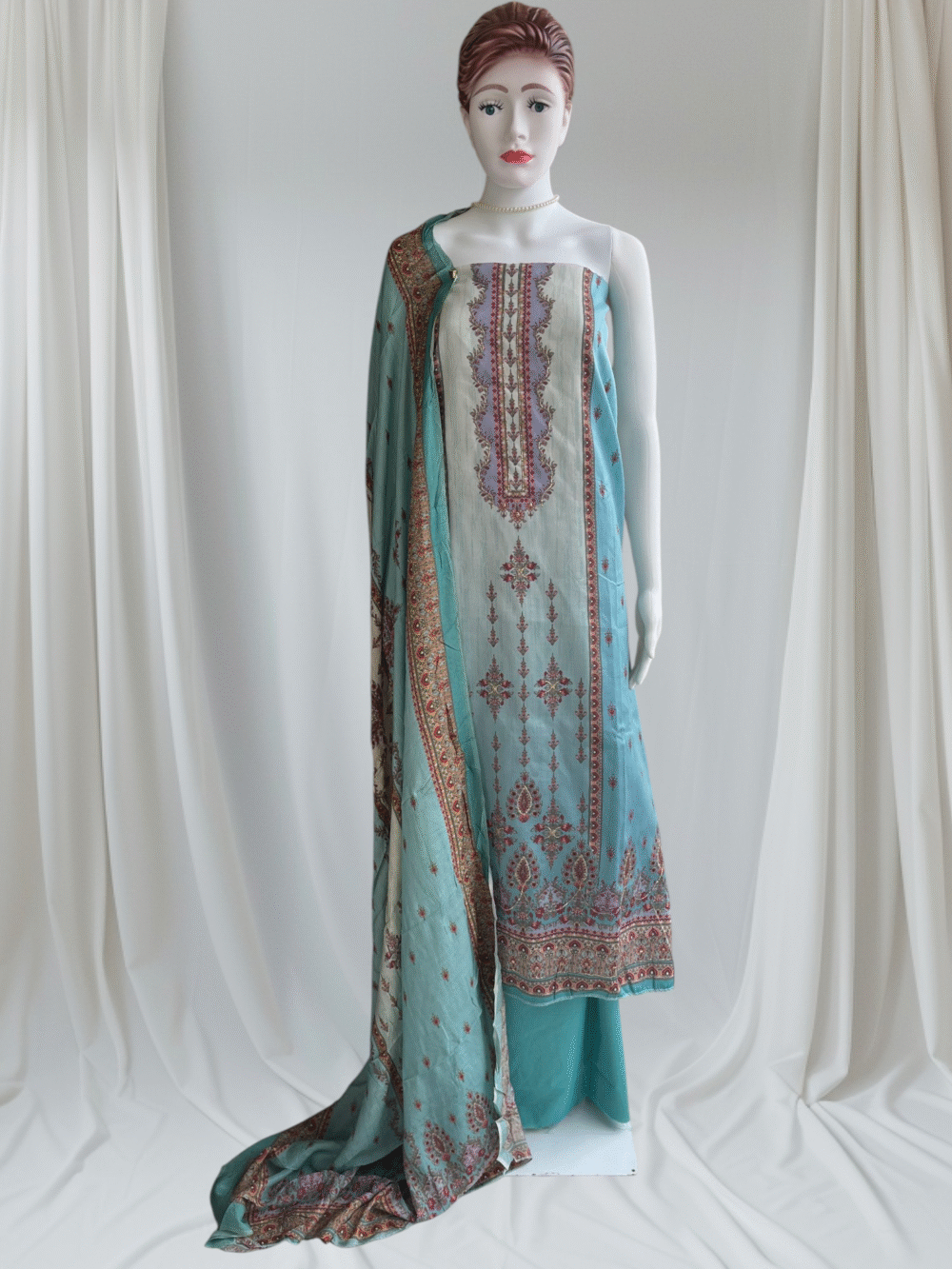 Aqua Blue Pure Satin Kashmiri Print & Handwork Dress Material Set with Viscose Muslin Dupatta